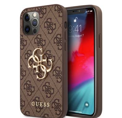 CG Mobile Guess PU 4G Big Metal Logo Hard Case Compatible for Apple iPhone 12 / 12 Pro (6.1") Easy Access to All Ports, Anti-Scratch, Shock-Absorption - Brown
