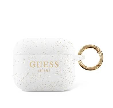 CG MOBILE Guess Silicone Glitter Case with Ring Compatible for AirPods 3, Scratch & Drop Resistant, Dustproof & Absorbing Protective Silicone Cover