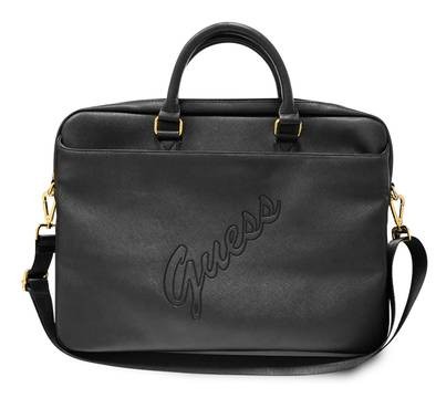 CG Mobile Guess PU Saffiano Script Computer Bag 15" with Adjustable Shoulder Strap Compatible for MacBook, Slim Lightweight Portable Storage Bag, Protective Case Cover with Zipper Suitable for Outdoor, Business, Office, School Officially Licensed - Black