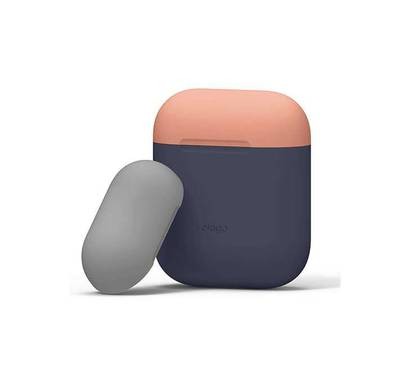 Elago Duo Case for Airpods, 3-in-1 Pastel Color, High Quality Silicone, Shock Resistant, Scratch Resistant, Supports Wireless Charging - Body-Jean Indigo / Top-Peach, Gray