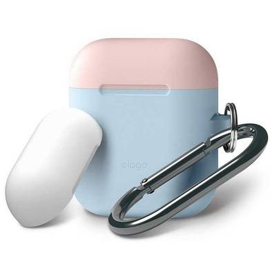 Elago Duo Hang Case for Airpods, With Metal Carabiner, Impact Resistant & Scratch Resistant, Fits Perfectly w/out Interfering Charging - Body-Pastel Blue / Top-Pink,White