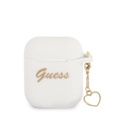 Guess GUA2LSCHSH Silicone Case for Apple Airpods 1/2 , Charm Collection with Anti-Lost Heart Ring , Officially Licensed - White