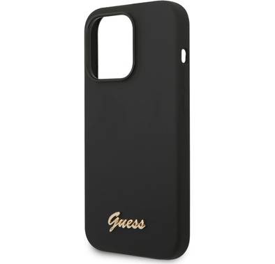 Guess Liquid Silicone Case with PC Camera Outline & Script Metal Logo New iPhone 14 Pro Max Compatibility - Black