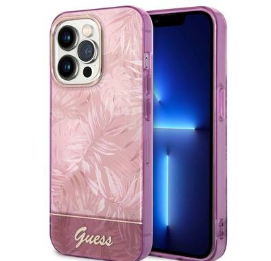 Guess PC/TPU IML Case with Double Layer Electroplated Camera Outline & Jungle Design iPhone 14 Pro Compatibility - Pink