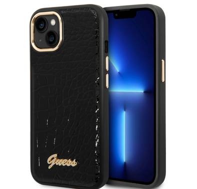Guess PU Croco Case with Metal Camera Outline, Latest Design iPhone 14 Plus Compatibility - Black