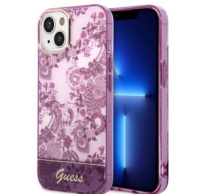 Guess PC/TPU IML Case with Double Layer Electroplated Camera Outline & Toile De Jouy iPhone 14 Plus Compatibility - Fuchsia