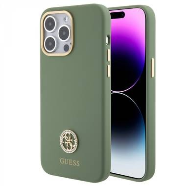 Guess Silicone Case with 4G Strass Logo Case for iPhone 15 Pro - Kaki