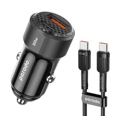 Porodo Black 50W Dual Port Car Charger PD 20W QC 30W with USB-C to USB-C Cable