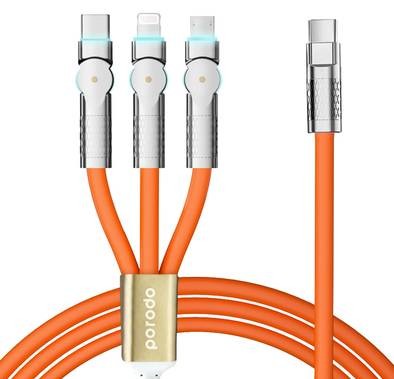 Porodo PD100W Three-in-one Cable with 180 Degrees Rotation - Orange - 1.2M