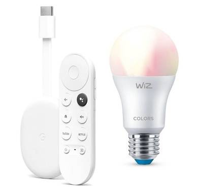 Google Chromecast with Google TV (HD Version) with Voice Remote - Snow + Wiz Color/Tunable  Smart Bulb A60