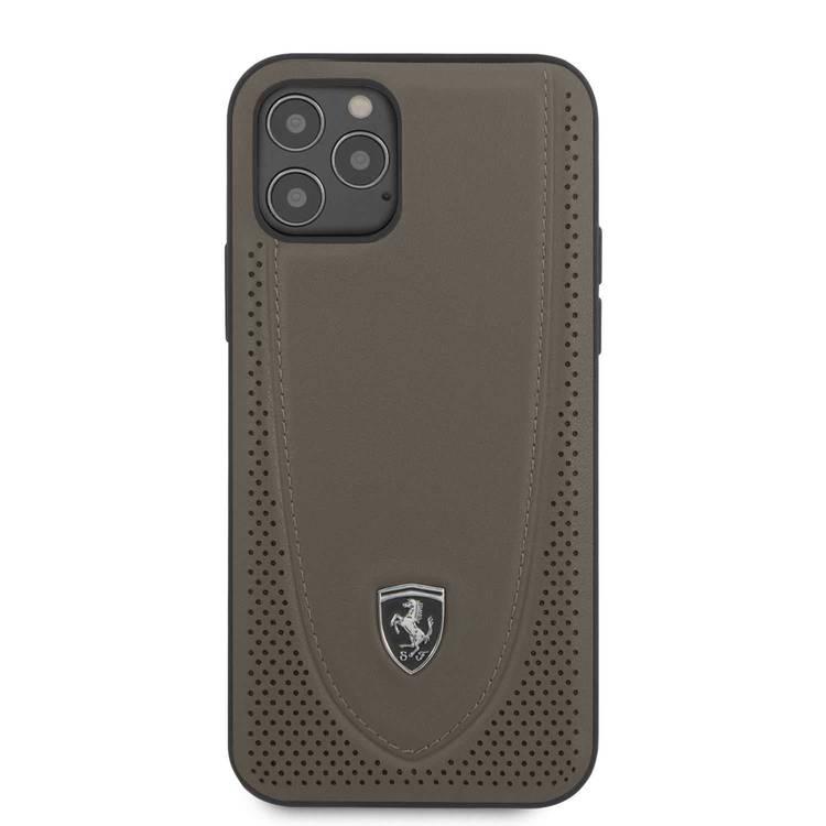 Ferrari Off Track Genuine Leather Hard Case with Curved Line Stitched and Contrasted Perforated Leather for iPhone 12 / 12 Pro (6.1") - Brown