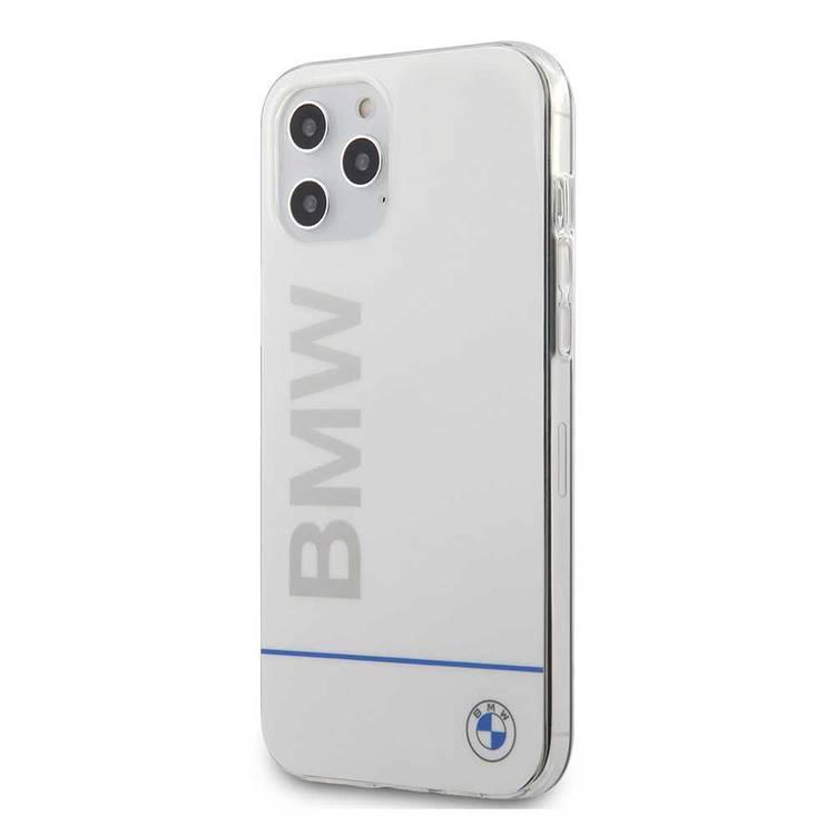 CG Mobile BMW PC/TPU Shiny Hard Case Blue Horizontal Line and Printed Logo for iPhone 12 / 12 Pro (6.1") Suitable with Wireless Chargers Officially Licensed White