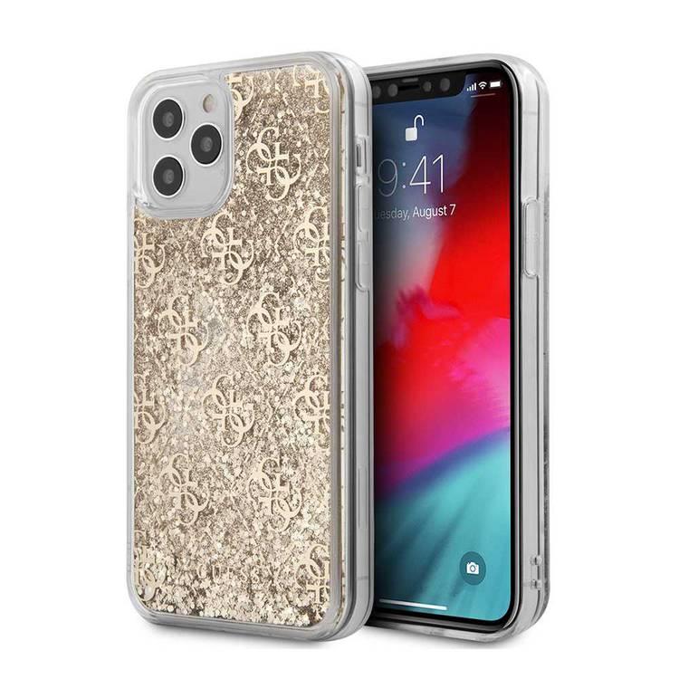 CG Mobile Guess Liquid Glitter 4G Pattern Case for iPhone 12 Pro Max (6.7") Shock & Drop Protection Suitable with Wireless Chargers Officially Licensed - Gold