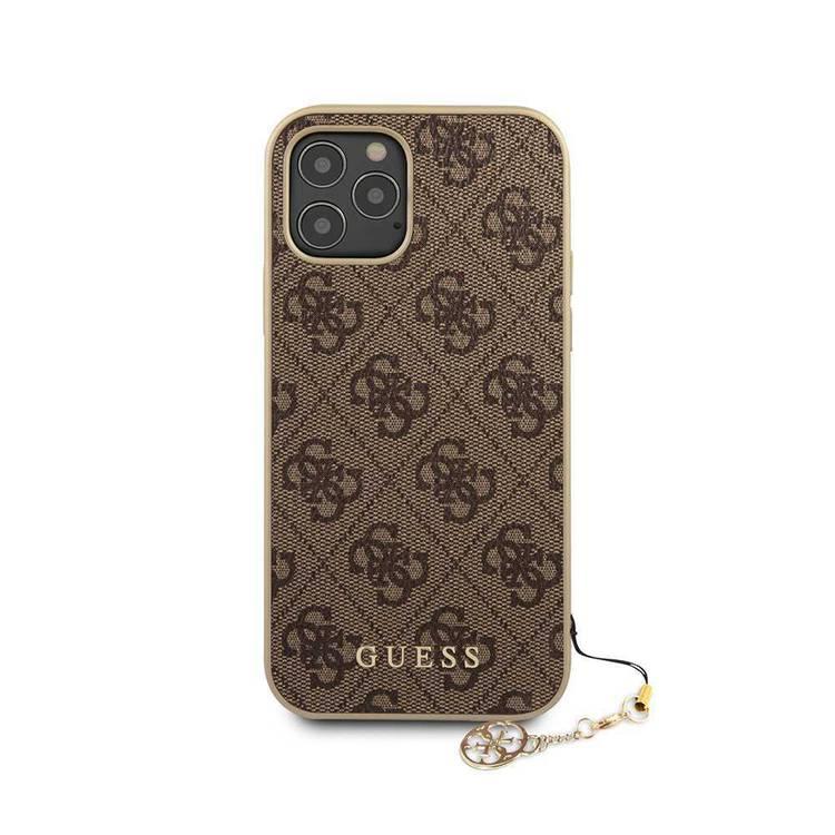 CG MOBILE Guess 4G PU Phone Case with Charm Compatible for iPhone 12/12 Pro (6.1") Anti-Scratch Mobile Case Officially Licensed - Brown