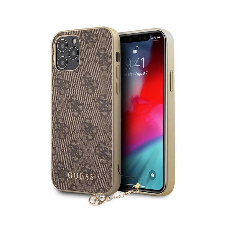 CG MOBILE Guess 4G PU Phone Case with Charm Compatible for iPhone 12/12 Pro (6.1") Anti-Scratch Mobile Case Officially Licensed - Brown