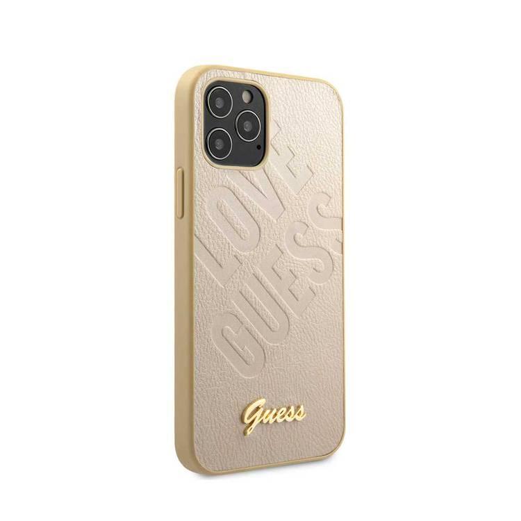 CG MOBILE Guess PU Iridescent "LOVE" Debossed Phone Case with Metal Logo Compatible for iPhone 12 / 12 Pro (6.1") Drop Protection Mobile Case Officially Licensed - Light Gold