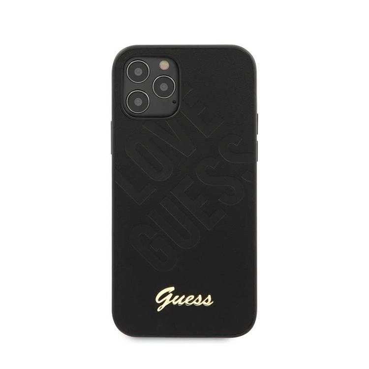 CG MOBILE Guess PU Iridescent "LOVE" Debossed Phone Case with Metal Logo Compatible for iPhone 12 / 12 Pro (6.1") Drop Protection Mobile Case Officially Licensed - Black