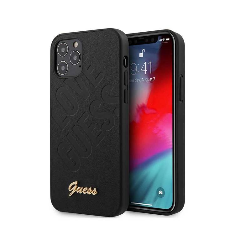 CG MOBILE Guess PU Iridescent "LOVE" Debossed Phone Case with Metal Logo Compatible for iPhone 12 / 12 Pro (6.1") Drop Protection Mobile Case Officially Licensed - Black