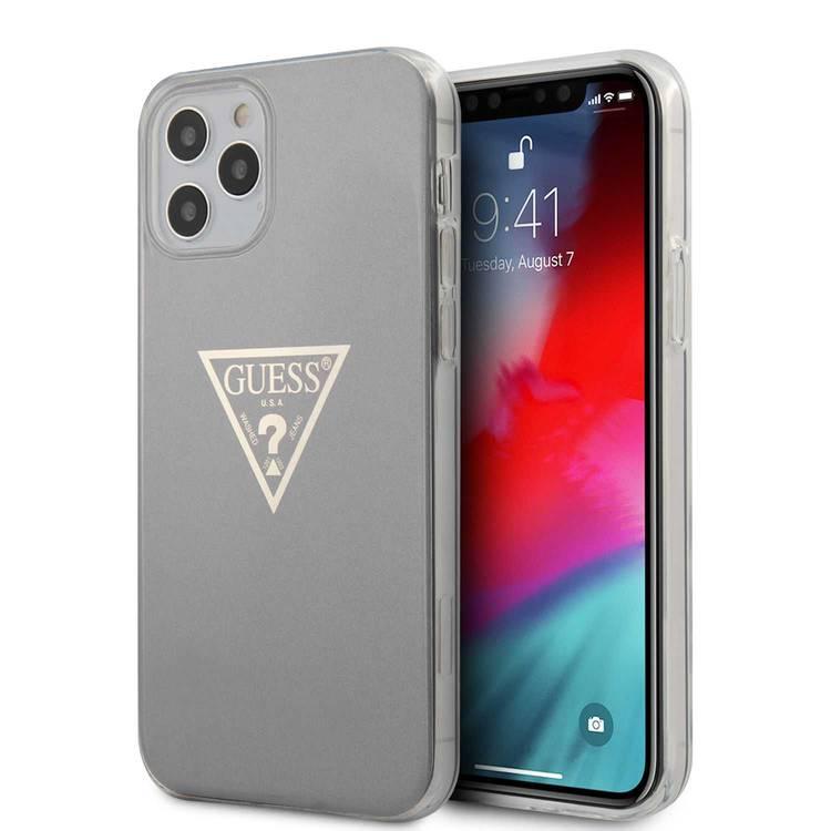 CG Mobile Guess PC/TPU Metallic Triangle Hard Case for iPhone 12 / 12 Pro (6.1") Shock & Drop Protection Suitable with Wireless Chargers Officially Licensed - Gray