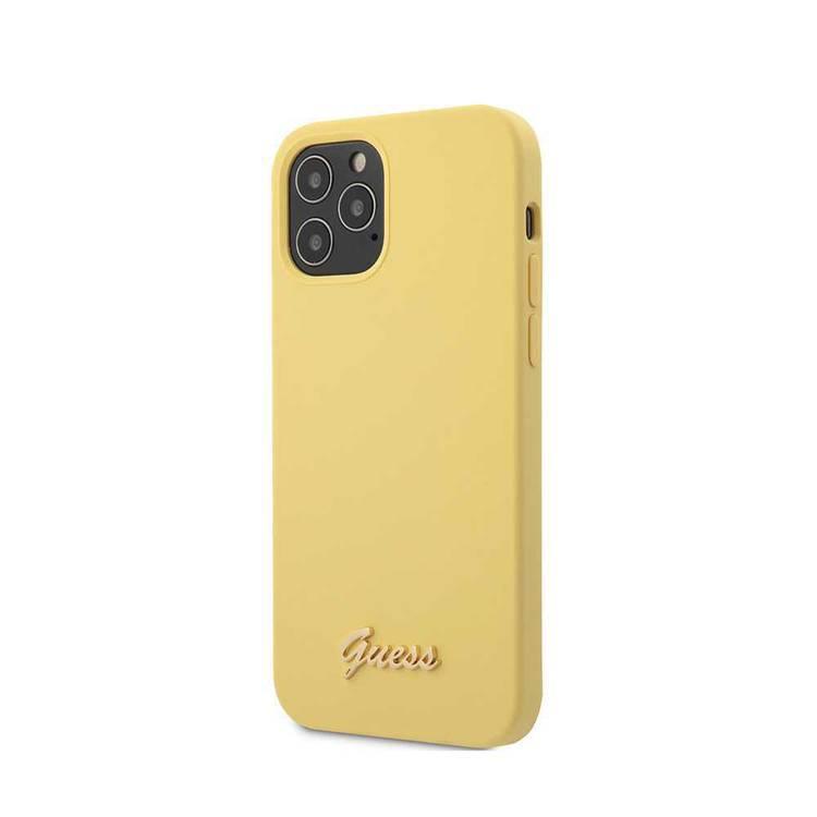 CG Mobile Guess Liquid Silicone Case with Metal Logo Script for iPhone 12 Pro Max (6.7") Shock & Scratch Resistant, Suitable with Wireless Chargers Officially Licensed - Yellow