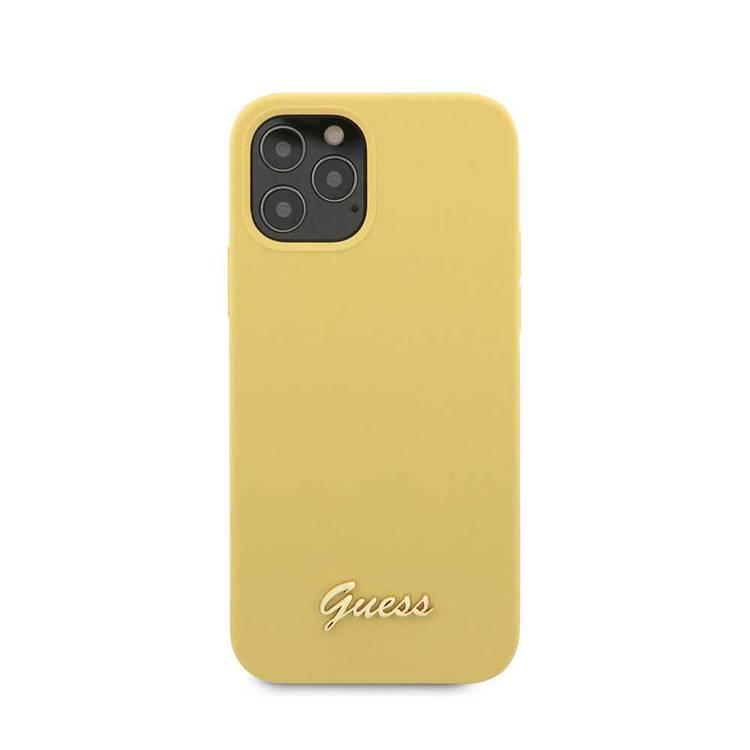 CG Mobile Guess Liquid Silicone Case with Metal Logo Script for iPhone 12 Pro Max (6.7") Shock & Scratch Resistant, Suitable with Wireless Chargers Officially Licensed - Yellow