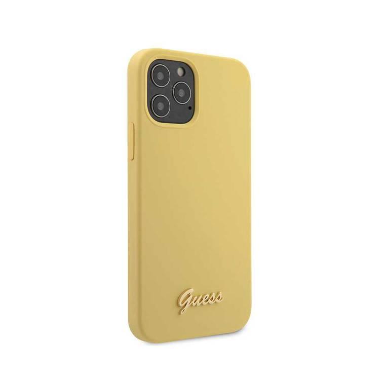 CG Mobile Guess Liquid Silicone Case with Metal Logo Script for iPhone 12 Pro Max (6.7") Shock & Scratch Resistant, Suitable with Wireless Chargers Officially Licensed - Yellow