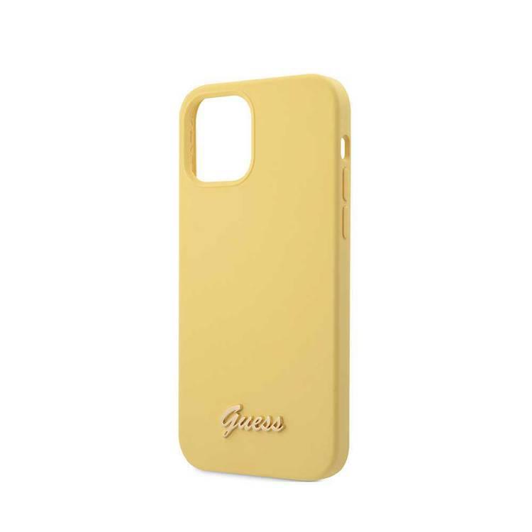 CG Mobile Guess Liquid Silicone Case with Metal Logo Script for iPhone 12 Pro Max (6.7") Shock & Scratch Resistant, Suitable with Wireless Chargers Officially Licensed - Yellow