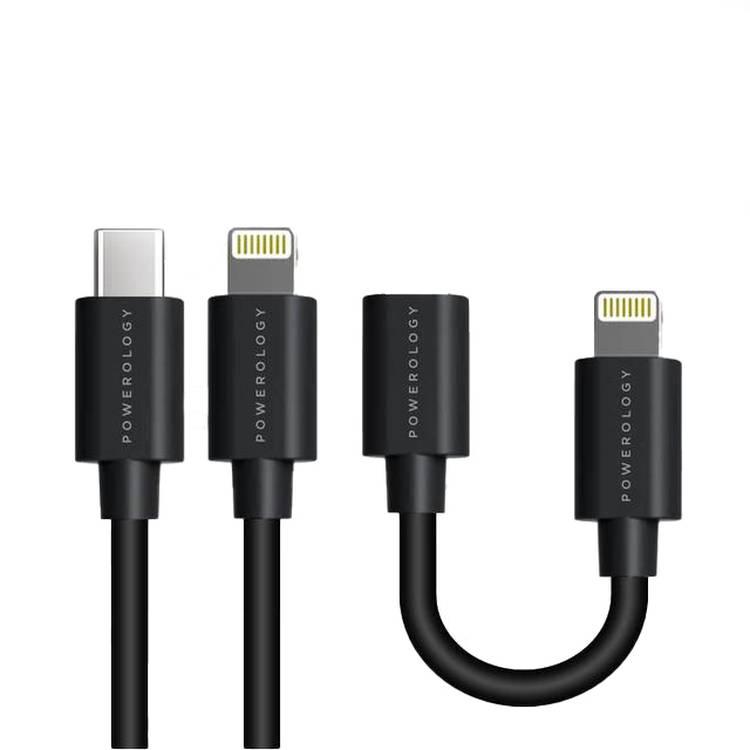 Powerology USB-C to Lightning Cable Combo (0.25m + 0.9m ) Fast Charging & Data Sync - (Black) - 90CM