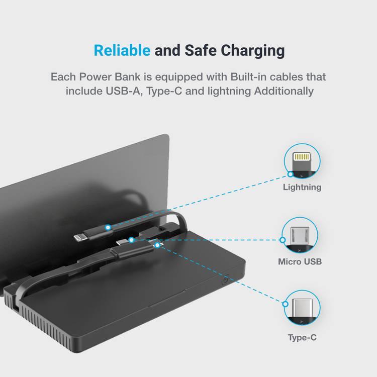 Powerology 8in1 Power Bank Station 8000mAh With Built-in Cable, Portable Power Bank and 1 Rapid Recharging Station Compatible iPhone Devices, Type C Charging Ports - Black