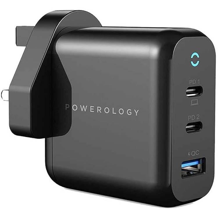 Powerology Wall Charger UK 65W 3-Output with PD UK GaN - (Black)