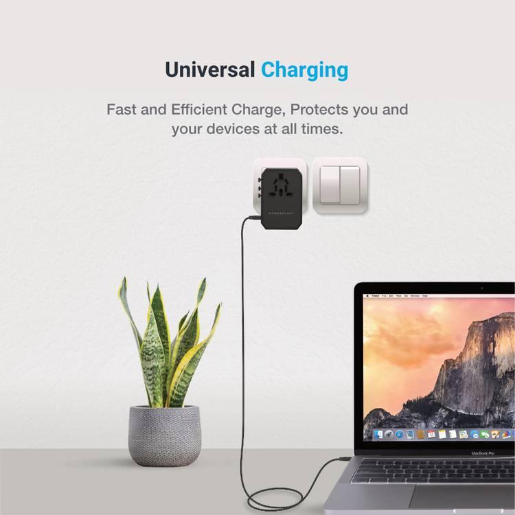 Powerology USB-C PD 45W شاحن عالمي الولايات المتحدة والمملكة المتحدة والاتحاد الأوروبي والاتحاد الأوروبي 150+ دولة - أسود