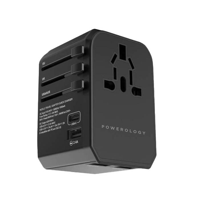 Powerology USB-C PD 45W شاحن عالمي الولايات المتحدة والمملكة المتحدة والاتحاد الأوروبي والاتحاد الأوروبي 150+ دولة - أسود