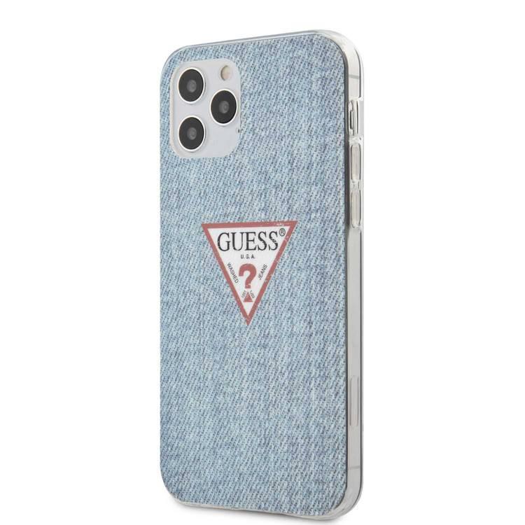 CG Mobile Guess PC/TPU Denim Triangle Hard Case, Shock-Absorption & Drop Protection for iPhone 12 / 12 Pro ( 6.1" ) Officially Licensed - Light Blue