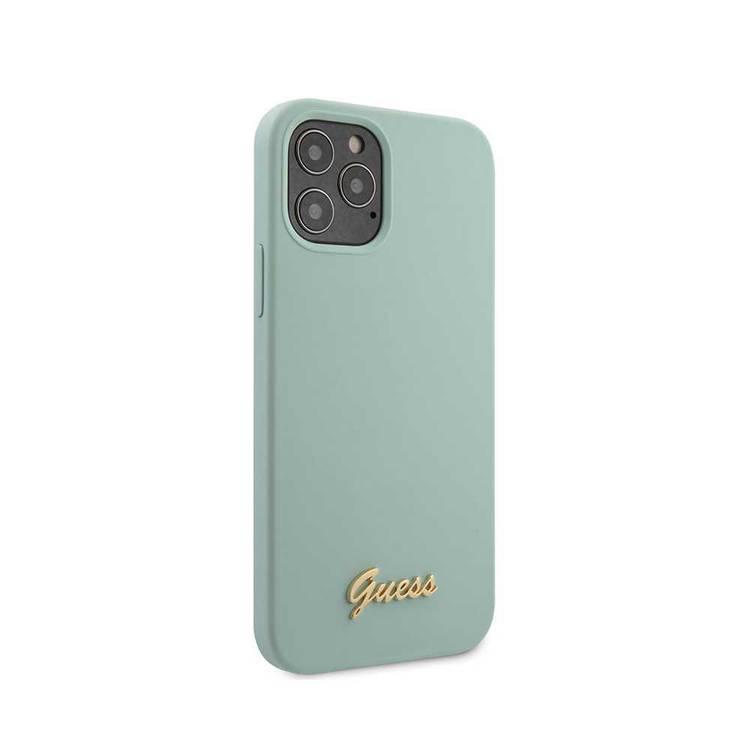 CG Mobile Guess Liquid Silicone Case with Metal Logo Script for iPhone 12 Pro Max (6.7") Back Cover Suitable for Wireless Charger Officially Licensed - Light Blue