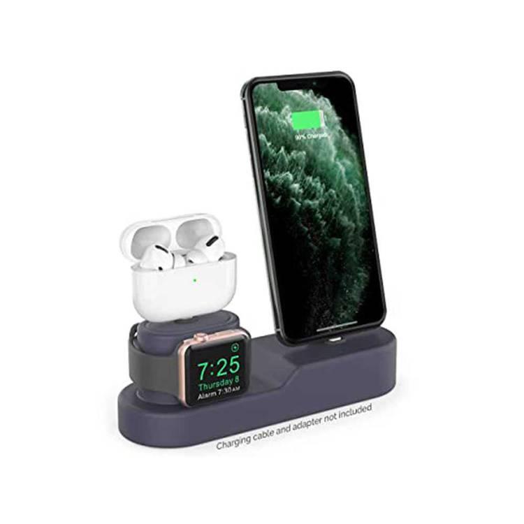 AhaStyle 3 in 1 Silicone Charging Dock/Silicone Stand and Cable organizer Compatible for Charging All iPhone Models, AirPods Pro/1/2, and Apple Watch Series 5/4/3/2/1 - Navy Blue