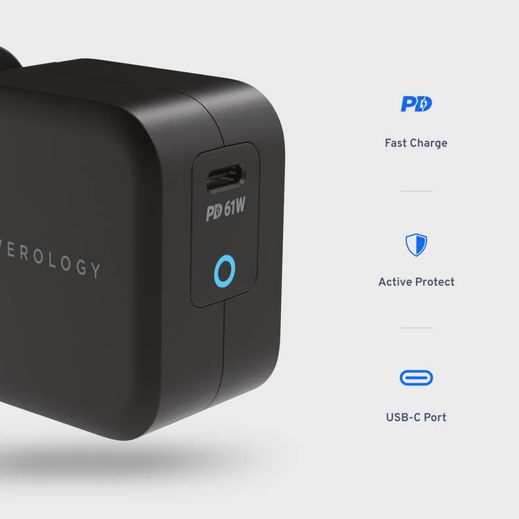  يتضمن شاحن Powerology GaN كابل USB-C للشحن السريع - أسود