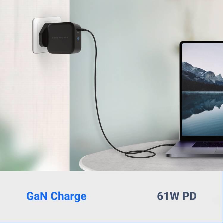  يتضمن شاحن Powerology GaN كابل USB-C للشحن السريع - أسود