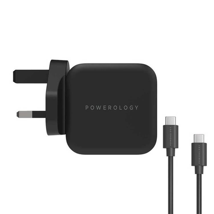  يتضمن شاحن Powerology GaN كابل USB-C للشحن السريع - أسود