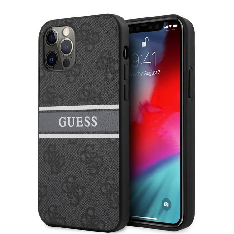 CG MOBILE Guess PU 4G Stripe Hard Case Compatible for iPhone 12 / 12 Pro (6.1") Shock & Scratch Resistant, Easy Access to All Ports, Drop Protection - Grey