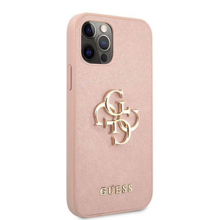 CG MOBILE Guess PU Saffiano 4G Metal Hard Case Compatible for iPhone 12 Pro Max (6.7") Shock & Scratches Resistant, Easy Access to All, Protective Back Cover - Pink