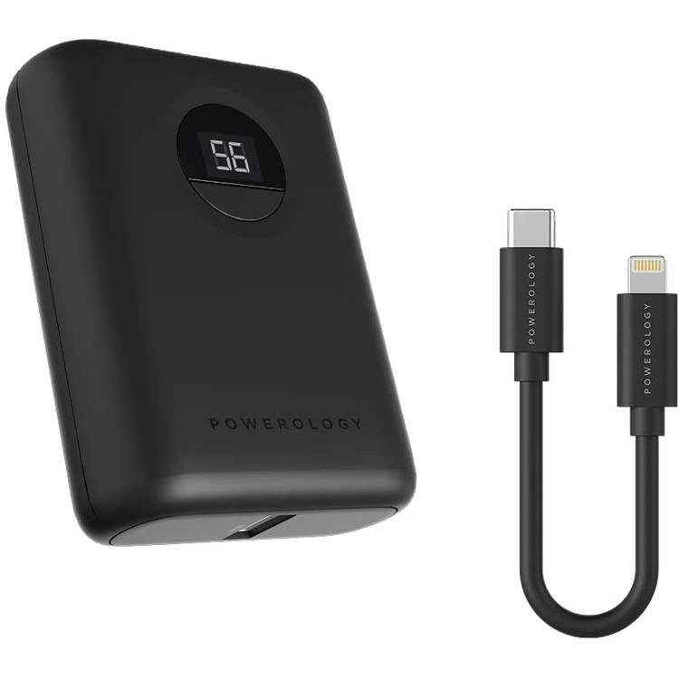 Powerology Power Bank with Charging Cable, Ultra-Compact Portable Power Bank 10000mAh PD 20W Fast Charging Power Bank with MFi USB-C to Lightning Cable 0.9M - Black