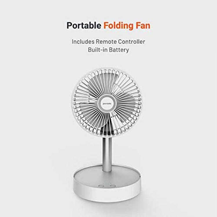 Porodo Lifestyle Portable Folding Fan Built-in 7200mAh Battery with Remote / 4 Speeds Adjustable Height and Head/Good for Office, Home, and Outdoor Camping (White)