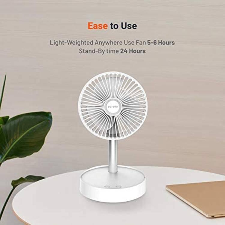 Porodo Lifestyle Portable Folding Fan Built-in 7200mAh Battery with Remote / 4 Speeds Adjustable Height and Head/Good for Office, Home, and Outdoor Camping (White)