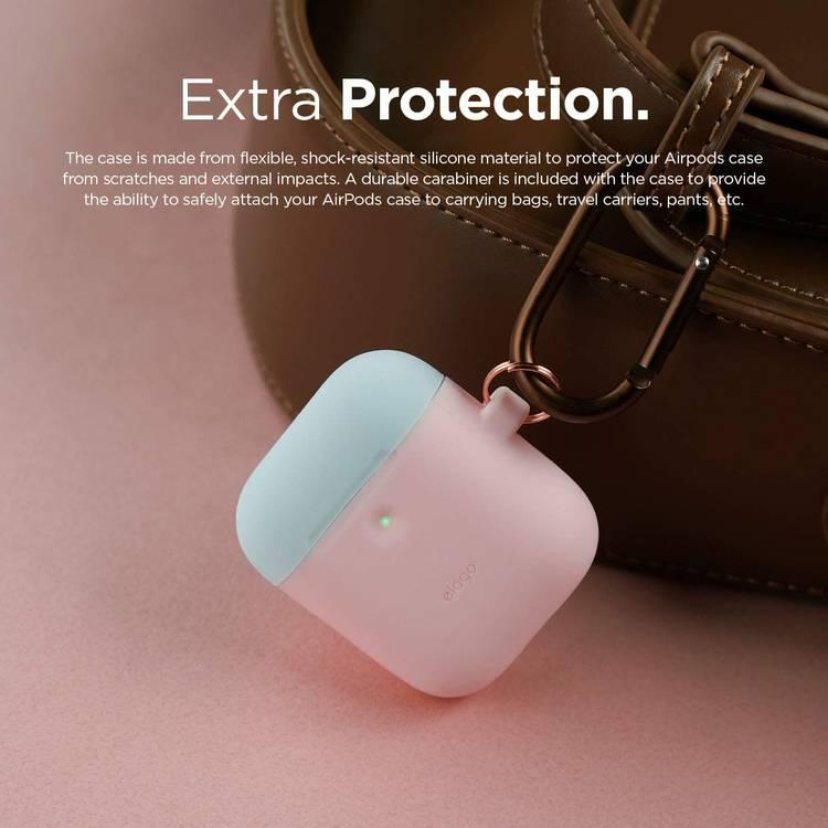 Elago Duo Hang Silicone Case with Apple AirPods Case 1 & 2 Generation, Drop Resistant, Dustproof and Absorbing Protective Cover with Hang Case Body-Pink / Top-White, Pastel Blue