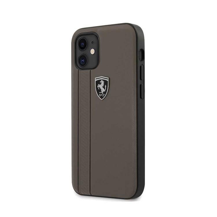 CG Mobile Ferrari Off Track Genuine Leather Hard Case with Contrasted Stitched and Embossed Lines for iPhone 12 Mini (5.4")  Officially Licensed - Brown