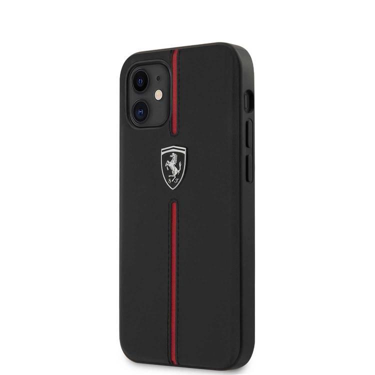 CG Mobile Ferrari Off Track Genuine Leather Hard Case with Contrasted Stitched Nylon Middle Stripe for iPhone 12 Mini (5.4")  Officially Licensed, Shock Resistant - Black