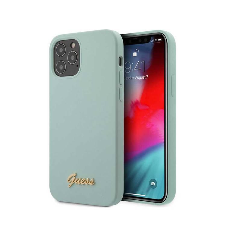 CG MOBILE Guess Liquid Silicone Phone Case w/ Metal Logo Script for iPhone 12 Mini (5.4") Mobile Case Compatible with Wireless Chargers Officially Licensed - Light Blue