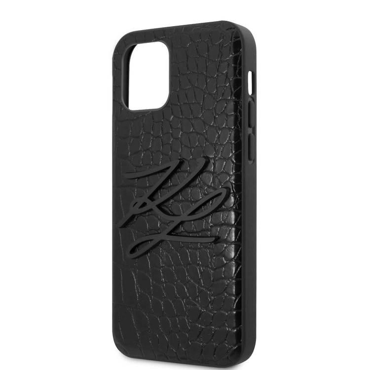 CG Mobile Karl Lagerfeld PU Hard Case Croco Metal Sign for Apple iPhone 12 Mini (5.4") Officially Licensed, Shock Resistant, Compatible with Wireless Chargers - Black