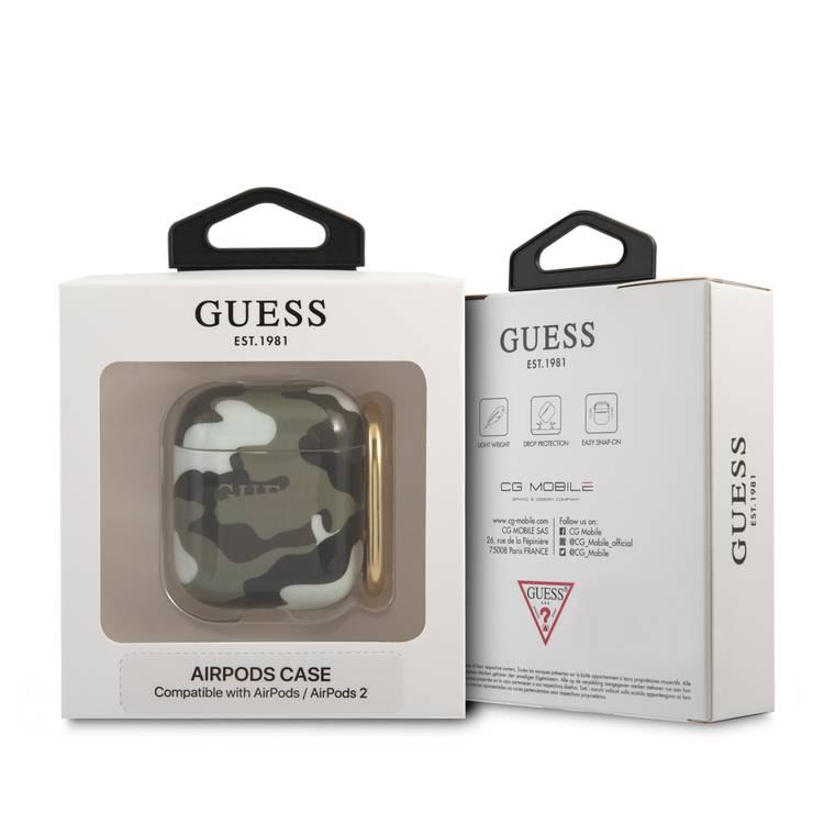 CG MOBILE Guess TPU Shinny Camouflage Case with Anti-Lost Ring Compatible for AirPods, Scratch & Drop Resistant Cover, Dustproof Protective Silicone Case - Kaki