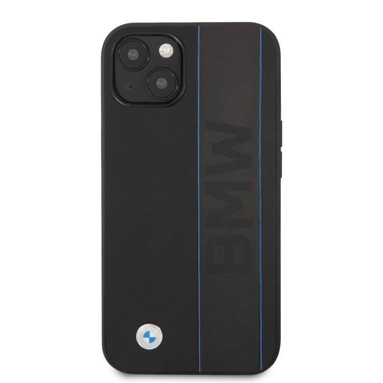 CG MOBILE BMW Real Leather Hard Case Debossed Wordmark Blue Outlines compatible with iPhone 13 (6.1") Suitable with Wireless Charging Officially Licensed - Black